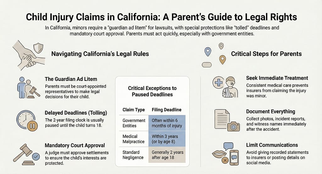 Infographic titled “Child Injury Claims in California: A Parent’s Guide to Legal Rights,” explaining legal rules, steps for parents, critical exceptions to deadlines, and key points like guardians, tolling, court approval, and filing time frames.