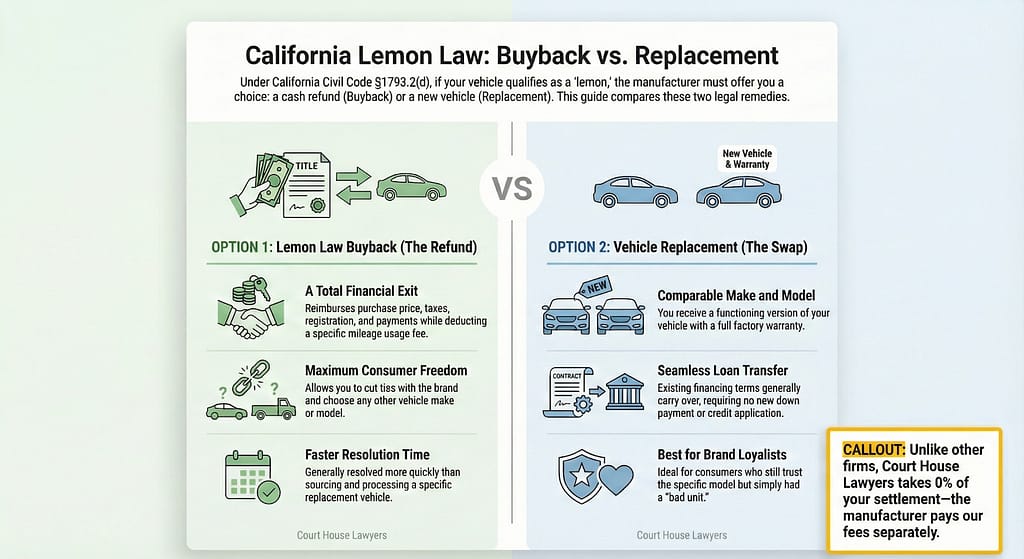 An infographic compares two options under California Lemon Law: Lemon Law Buyback (refund) and Vehicle Replacement (swap), with icons and text listing pros and a callout about lawyer fees in the bottom right corner.