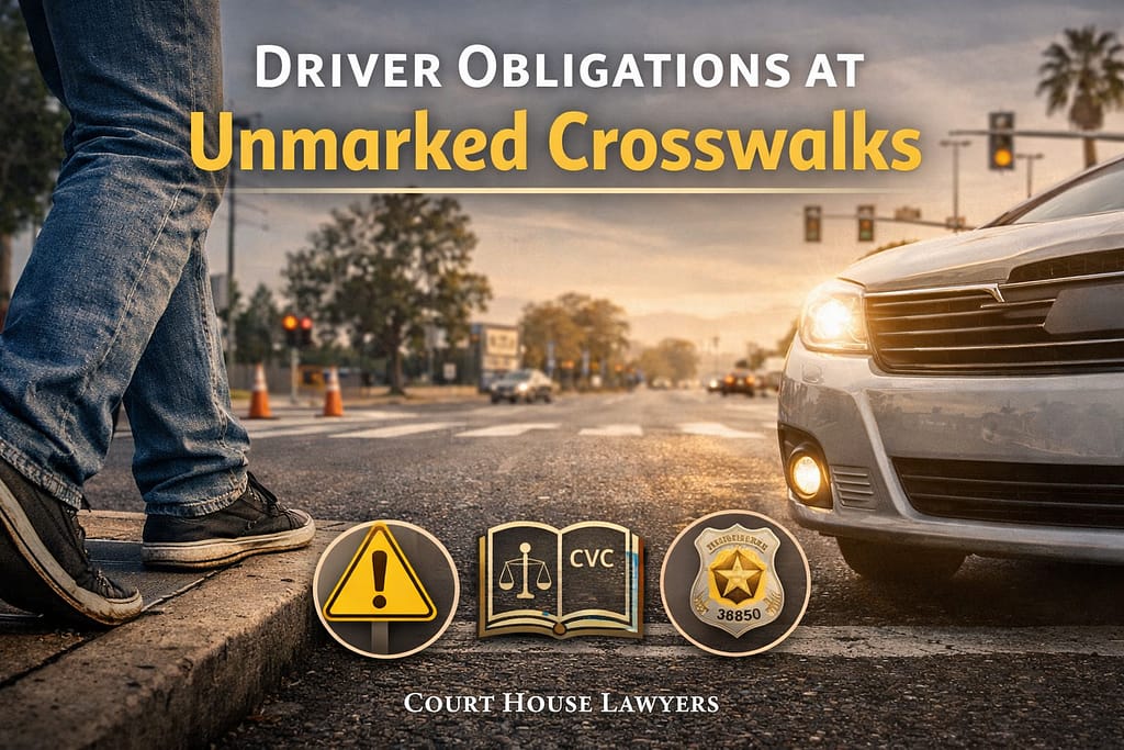 A person steps onto an unmarked crosswalk as a car approaches; the image features text about driver obligations at unmarked crosswalks, legal icons, and a logo for Court House Lawyers.