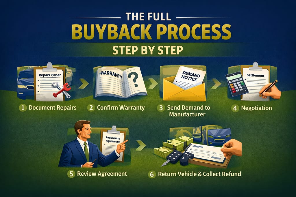 An illustrated infographic titled "The Full Buyback Process Step by Step" shows six steps with icons: document repairs, confirm warranty, send demand to manufacturer, negotiation, review agreement, and return vehicle and collect refund.