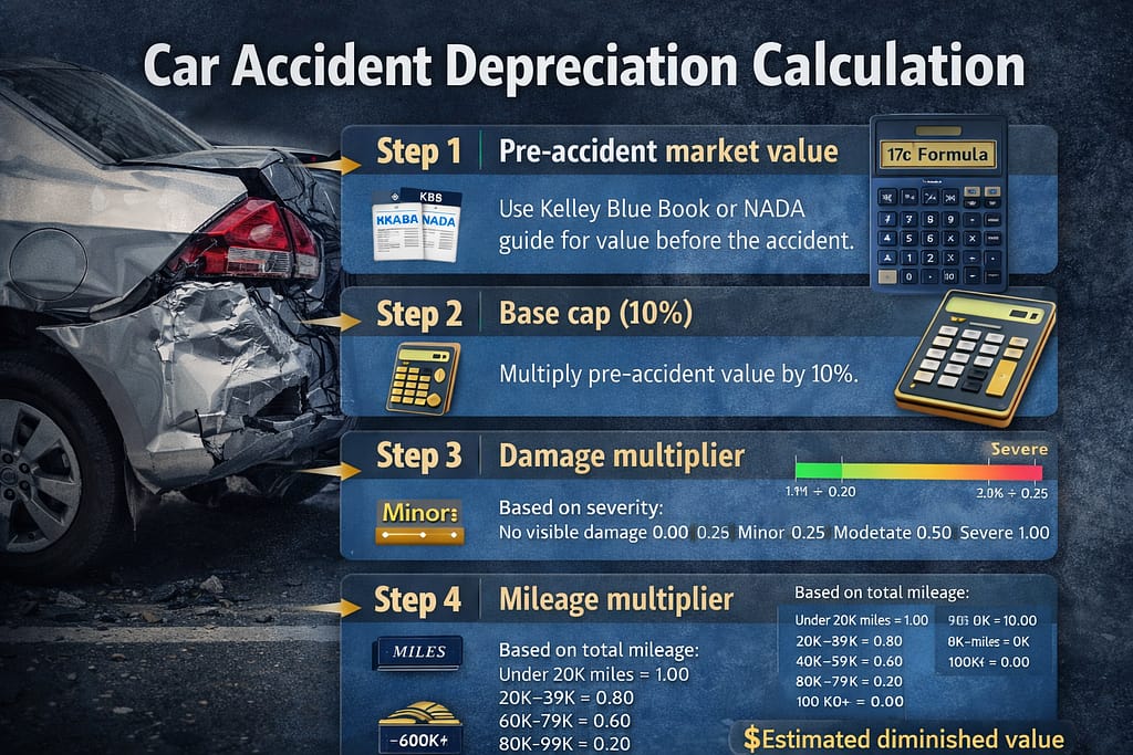 A diagram titled “Car Accident Depreciation Calculation” lists four steps with icons: find pre-accident value, multiply by 10%, apply damage multiplier, and apply mileage multiplier. A damaged car is visible on the left.
