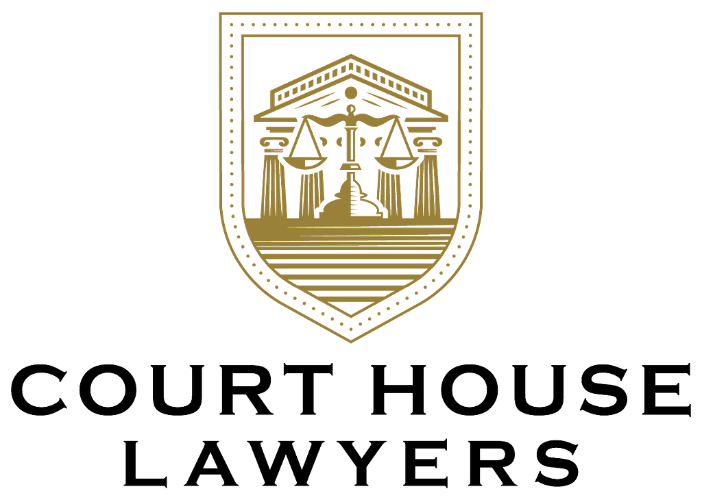 A gold and white emblem featuring a courthouse with scales of justice, above the text "Court House Lawyers" in black, bold font.