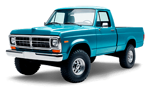 A turquoise classic pickup truck with large tires, chrome bumpers, and a single cab, viewed from the front left side against a white background.