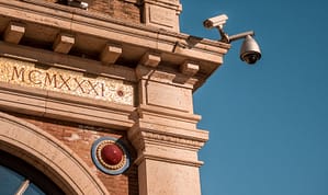 Security cameras mounted on a commercial building used as evidence in slip and fall lawsuits