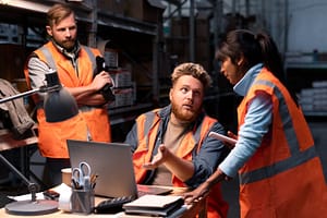 Warehouse employees reviewing a workplace injury and workers compensation claim in California