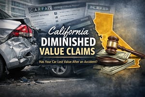 A damaged car is shown next to documents, cash, a gavel, and a yellow outline of California. Text reads: "California Diminished Value Claims. Has your car lost value after an accident?.