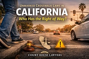 A person stands at the edge of an unmarked crosswalk as cars approach. Text reads, "Unmarked Crosswalk Laws in California: Who Has the Right of Way?" with icons of a gavel, scales, and a caution sign.