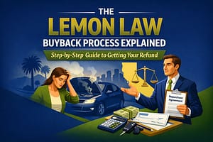 An illustration showing a worried woman near her damaged car, a lawyer holding a repurchase agreement, legal scales, money, and documents, with text explaining the lemon law buyback process and refund steps.