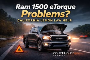 A black Ram 1500 eTorque truck with its hood open is parked on the roadside at dusk. A warning triangle is positioned in front of the truck. Text overlays promote California lemon law help from Court House Lawyers.