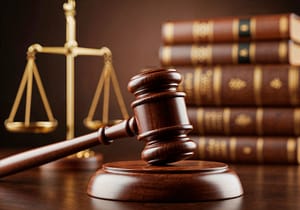 A wooden judge's gavel rests on a sound block in the foreground. In the background are the scales of justice and several stacked legal books on a wooden surface.