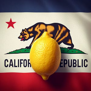 A whole lemon sits on the California state flag, partially covering the bear and “California Republic,” giving a playful nod to a law firm’s Golden State roots.