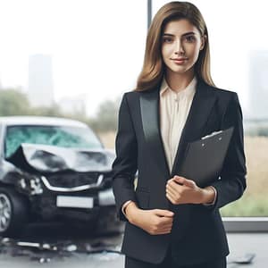 A woman in a business suit holding a clipboard stands indoors, with a car damaged in an accident visible through the window behind her—an ideal scene for discussing Car Accident Claims.