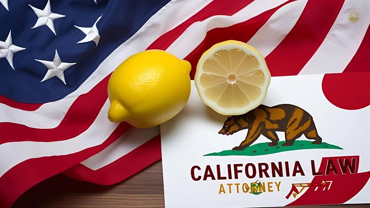 A whole lemon, a lemon half, and a California Lemon Law Attorney document rest atop an American flag.