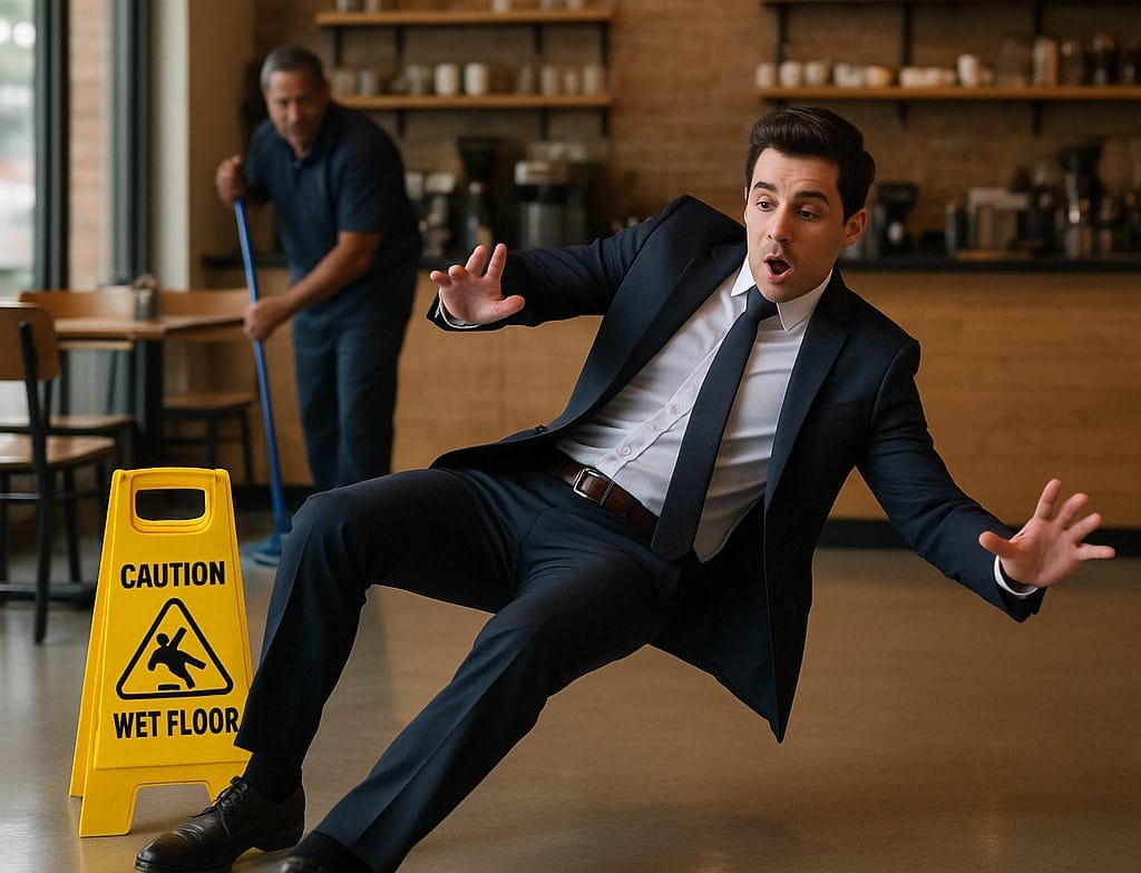A man in a suit slips on a wet floor near a caution sign, while another man mops in the background inside a café or restaurant—an example of a slip and fall location.