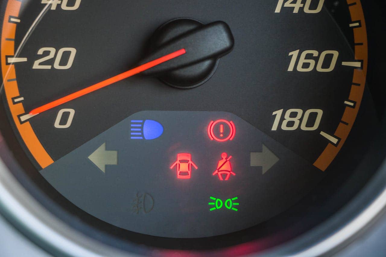 Dashboard warning lights on a defective vehicle showing brake and seatbelt alerts
