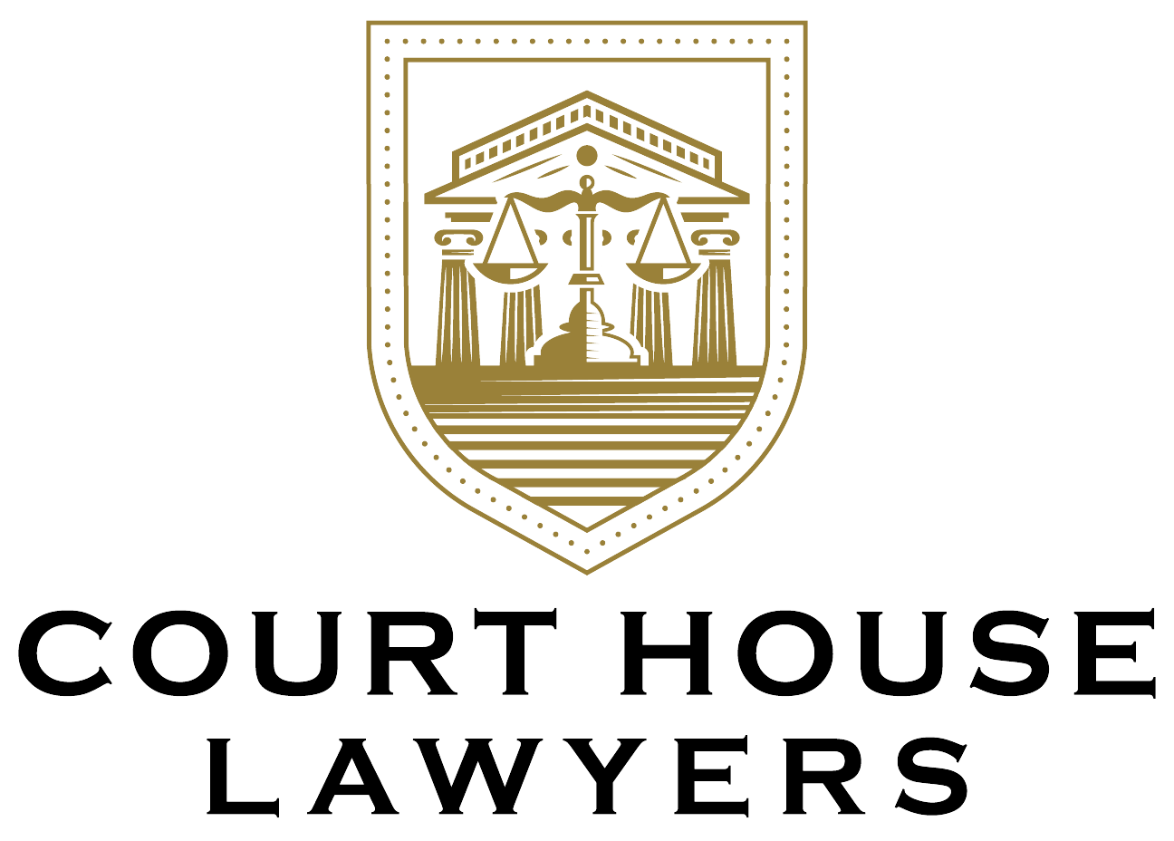 A gold and white emblem featuring a courthouse with scales of justice, above the text "Court House Lawyers" in black, bold font.