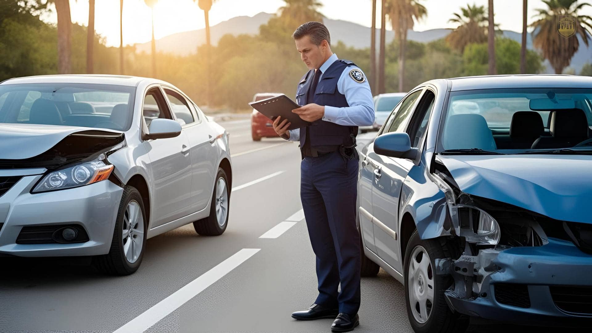 A police officer writes a report on a clipboard while standing between two cars with front-end damage after a collision, as a car accident lawyer assesses the scene on a sunny road.