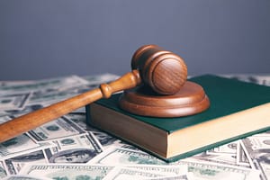 A wooden gavel resting on a book and dollar bills, symbolizing compensation in personal injury cases