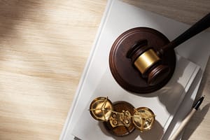 A judge’s gavel and golden scales of justice on a desk representing legal authority and pedestrian accident claims.