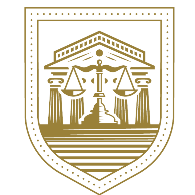 A gold and white shield emblem featuring a courthouse with columns, scales of justice, and a central pedestal.
