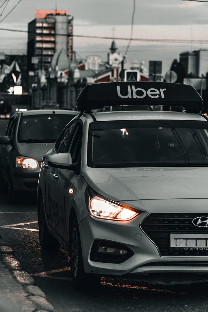 Uber car driving through city streets in Los Angeles before an accident
